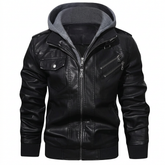 HOOD CREW Men's Faux Leather Bomber Jacket with Removable Hood – Black