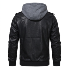 HOOD CREW Men's Faux Leather Bomber Jacket with Removable Hood – Black