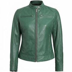 Blingsoul Women's Lambskin Leather Cafe Racer Jacket – Green