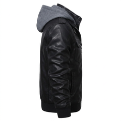 HOOD CREW Men's Faux Leather Bomber Jacket with Removable Hood – Black