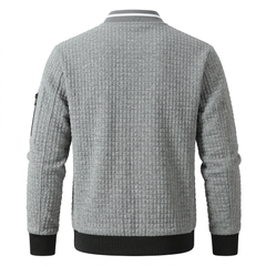 AI-generated back view of grey SAVKOOV bomber jacket