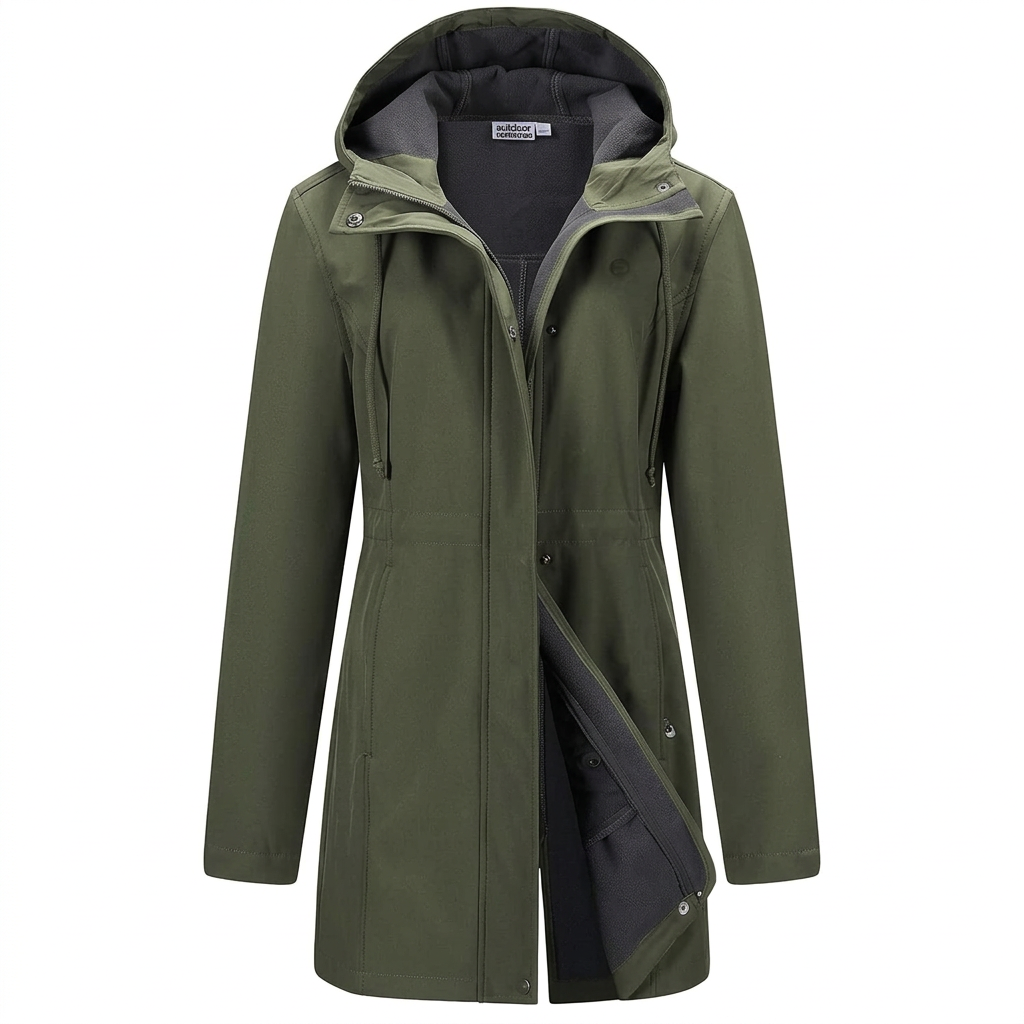 Outdoor Ventures Women's Waterproof Fleece-Lined Hooded Rain Coat – Olive Green