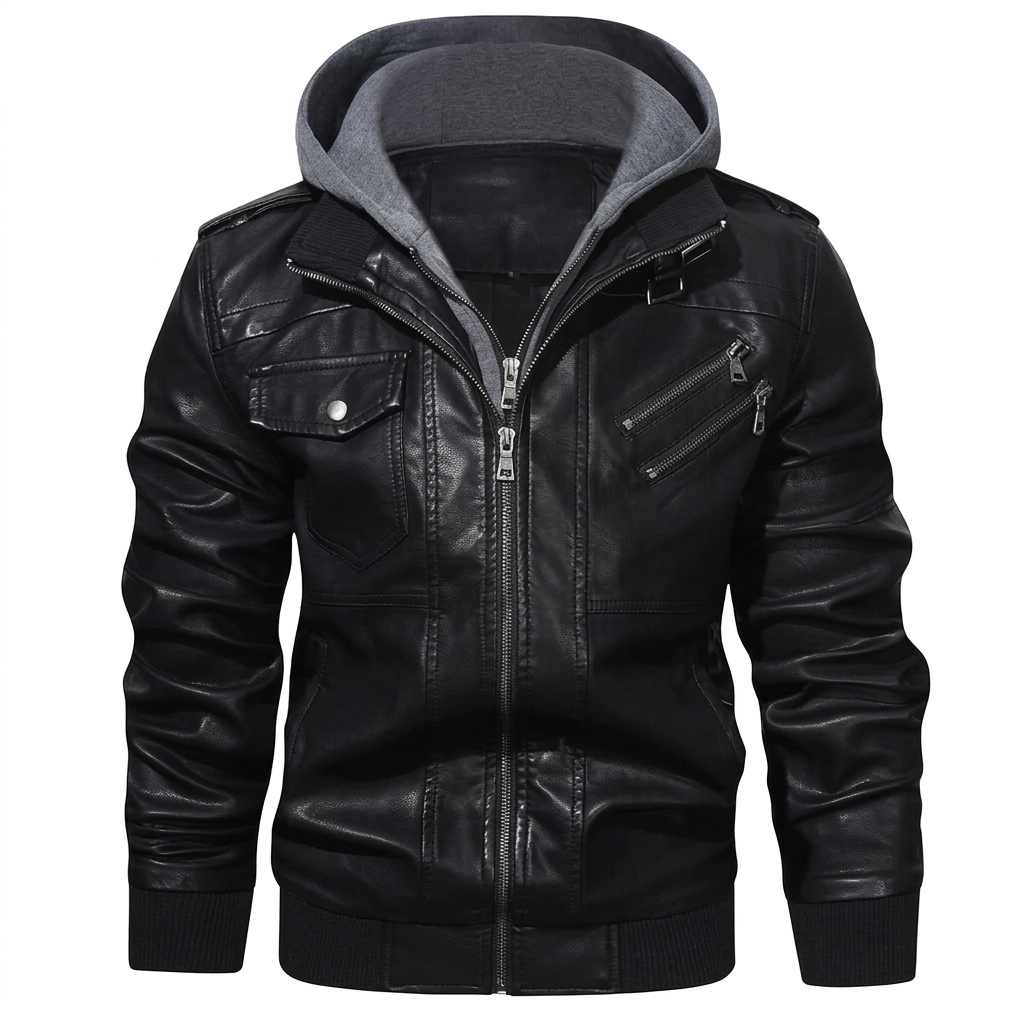 HOOD CREW Men's Faux Leather Bomber Jacket with Removable Hood – Black