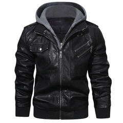 HOOD CREW Men's Faux Leather Bomber Jacket with Removable Hood – Black
