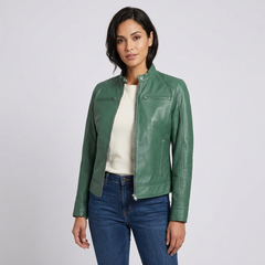 Blingsoul Women's Lambskin Leather Cafe Racer Jacket – Green