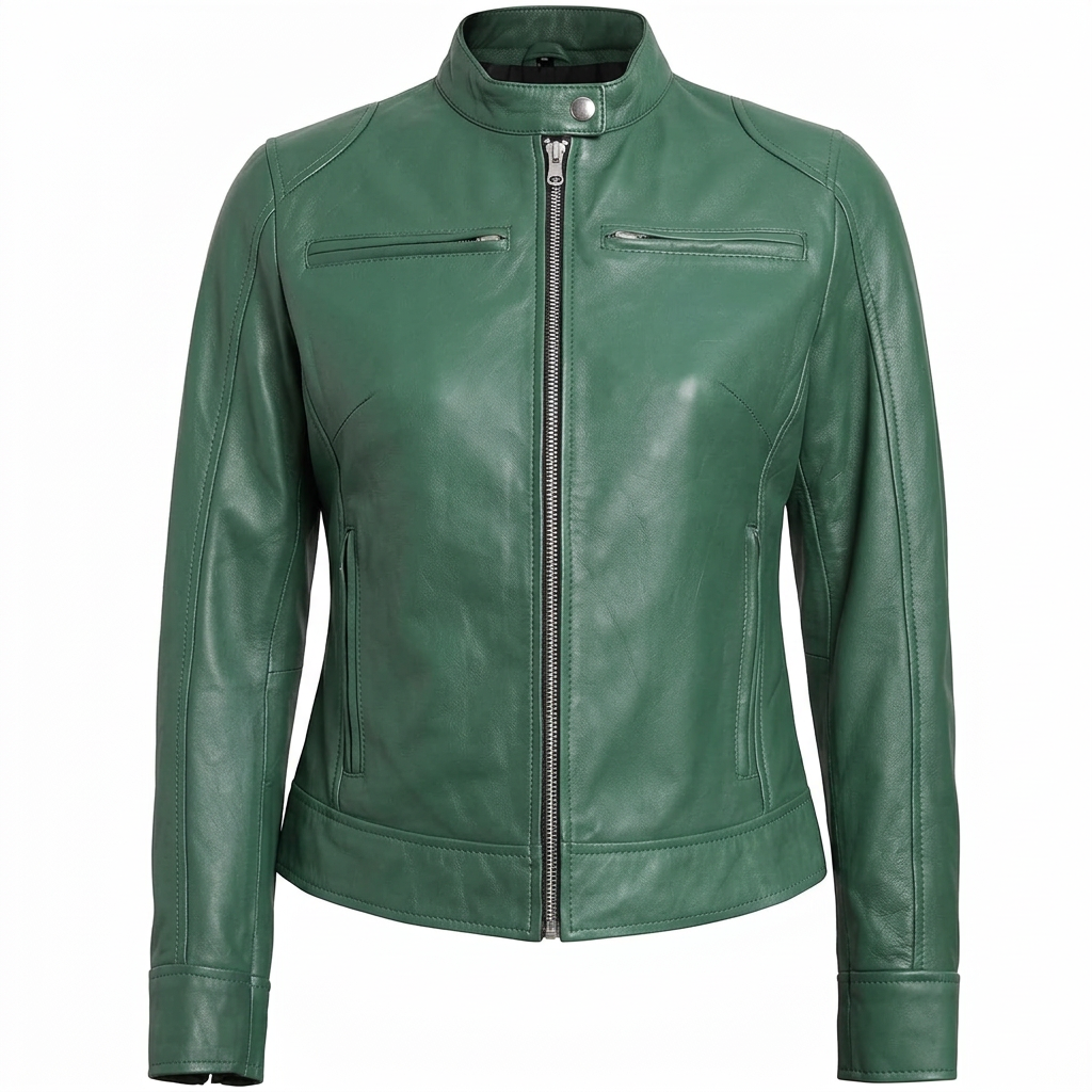 Blingsoul Women's Lambskin Leather Cafe Racer Jacket – Green