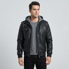 HOOD CREW Men's Faux Leather Bomber Jacket with Removable Hood – Black