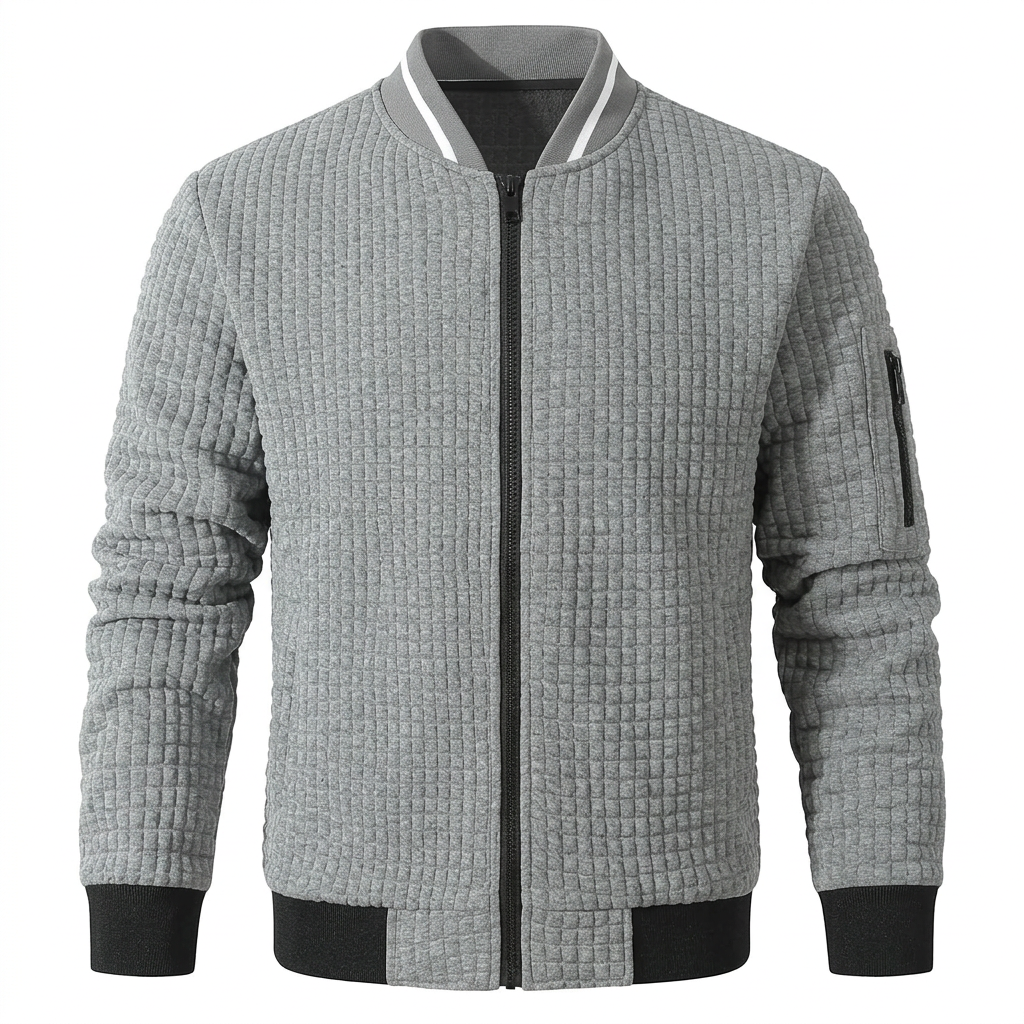 AI-generated front view of grey SAVKOOV bomber jacket