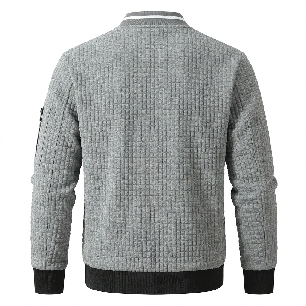 AI-generated back view of grey SAVKOOV bomber jacket