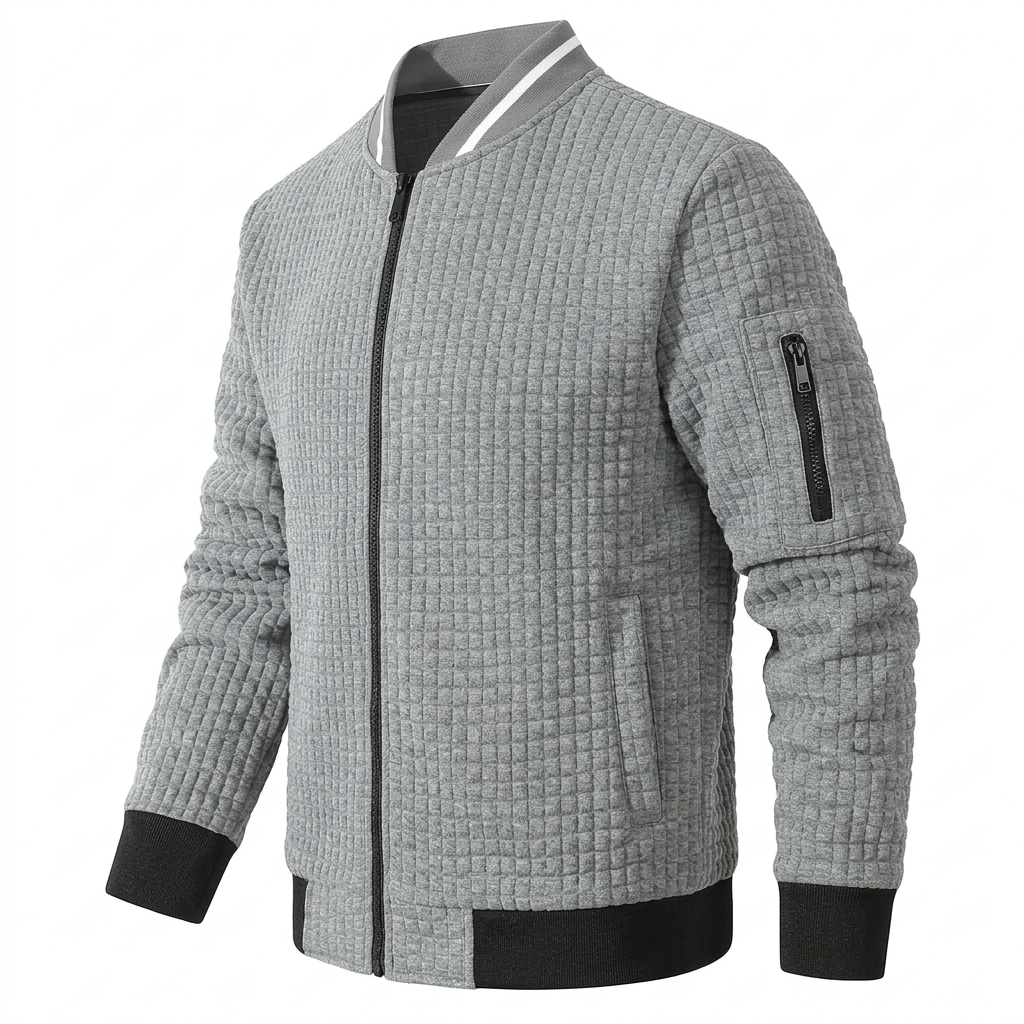 AI-generated side view of grey SAVKOOV bomber jacket
