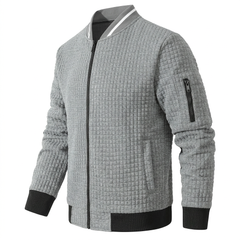 AI-generated side view of grey SAVKOOV bomber jacket